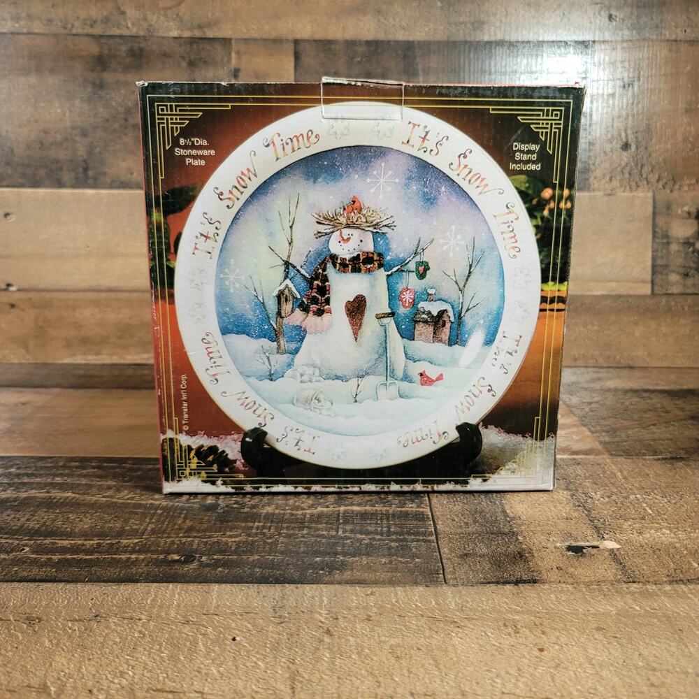 It's Snow Time Decorative 8 1/2" Plate With Snow Man Display Stand Included